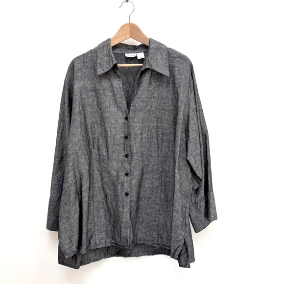 Harve Benard Chambray Linen Cotton Button Front Blouse Lagenlook Washed Black 3X - Picture 1 of 9